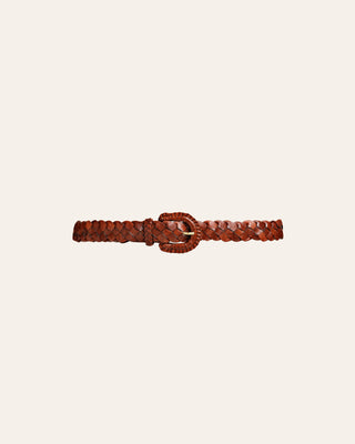 A braided brown buffalo leather belt with brass hardware and a buckle closure.
