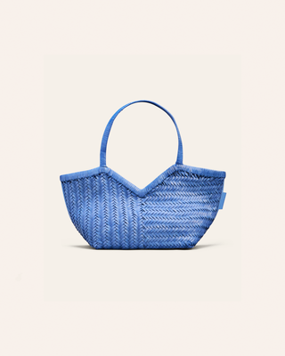 Cala Jade Humi S - blue woven handbag on a light beige background