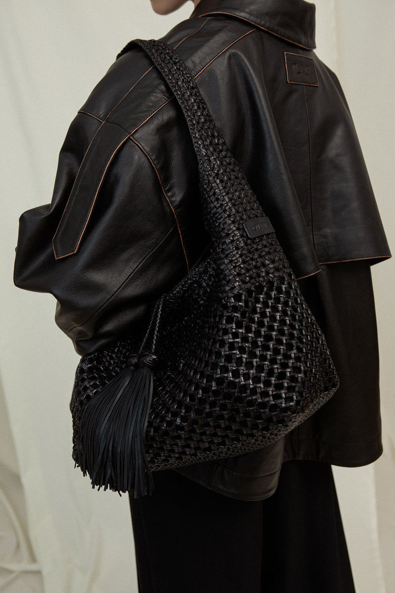 IAK Hobo Bag black hobo leather bag on model