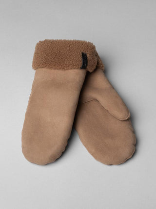 A pair of brown shearling leather mittens with a cuff design, displayed against a plain background.
