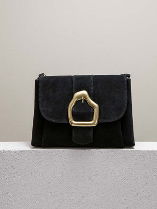 Cala Jade black suede shoulder bag with gold buckle