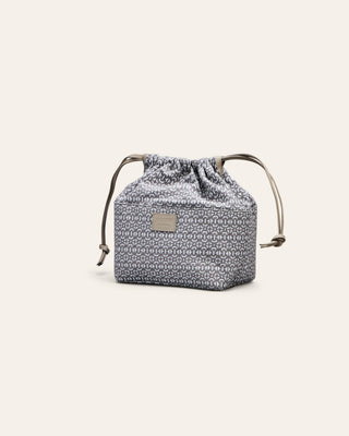 Cala Jade Small drawstring cotton bag with geometric pattern on a light gray background