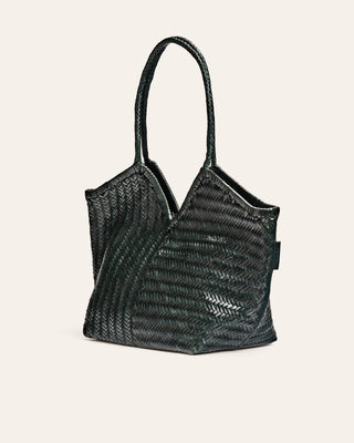 Dark Green woven handbag on a light beige background