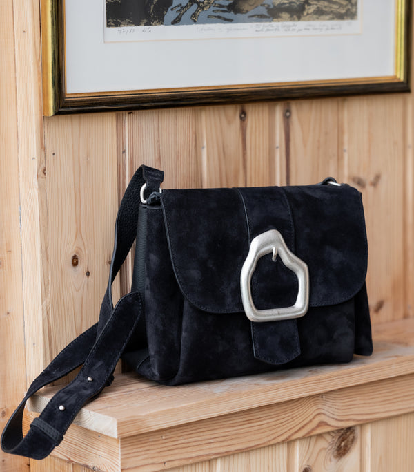 Nami black suede shoulder bag, with a silver buckle