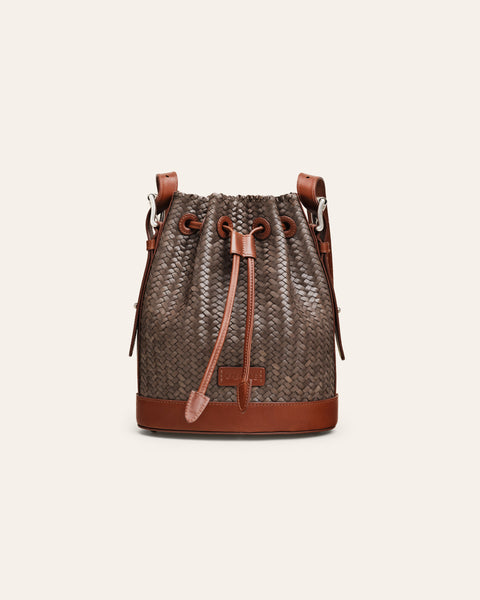 BUCKET BAG／brown × moss green チャーム Cala Jade - leather bucket bag - brown and green