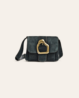 Dark green suede bag with a gold buckle on a light gray background