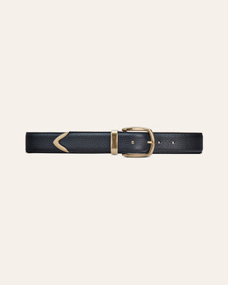 A black leather belt with gold details on a beige background used for producte image