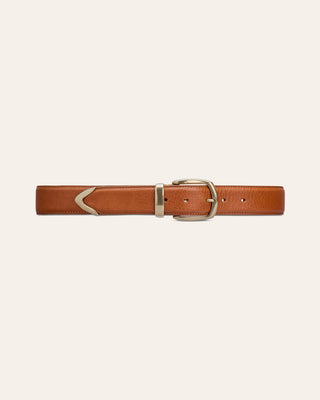 A brown leather belt with gold details on a beige background