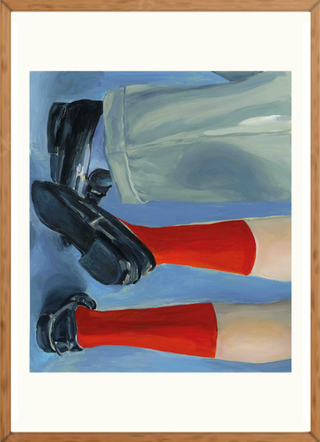 Artistic depiction of legs wearing red socks and black shoes on a blue background