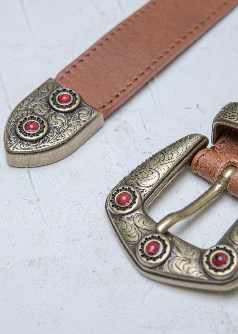 Cala Jade brown leather belt with red studs