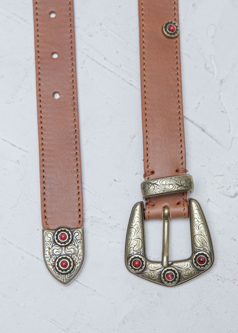 Cala Jade brown leather belt with red studs