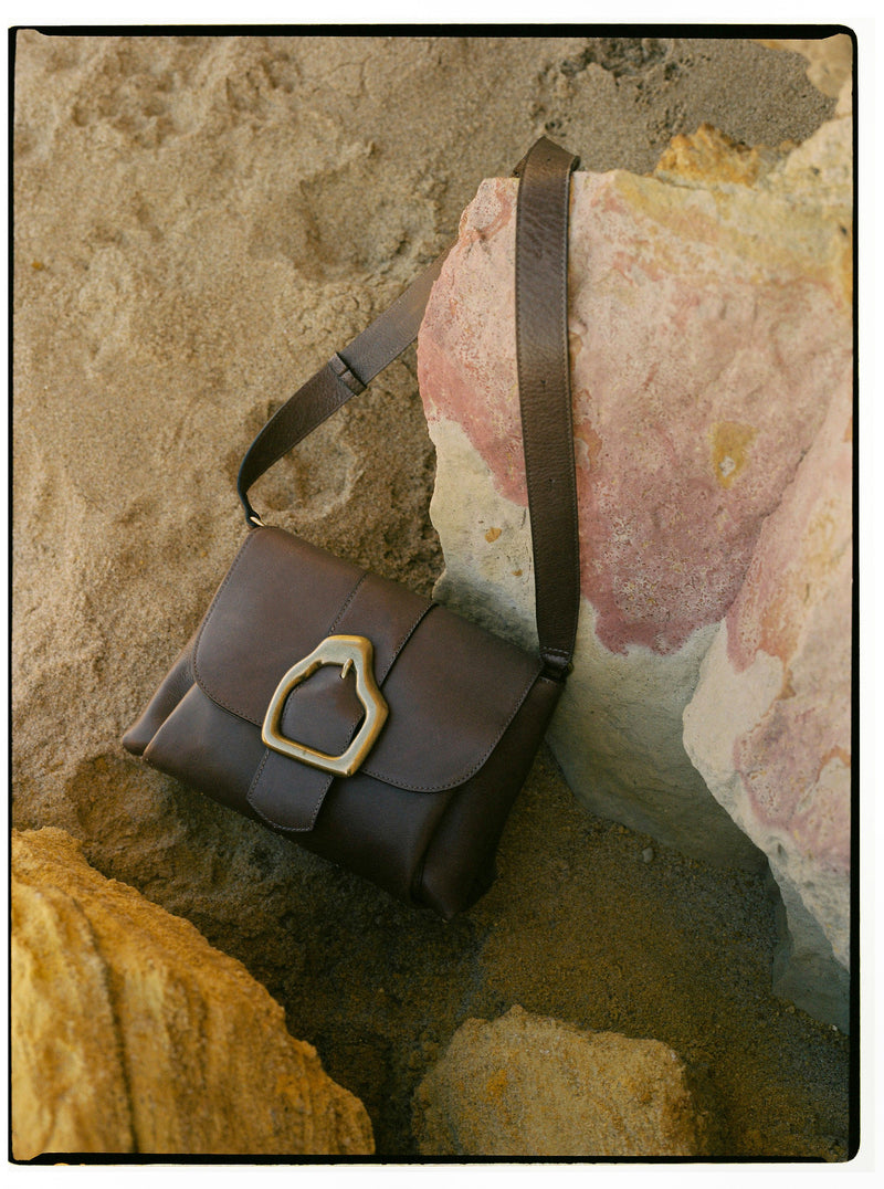 Cala Jade Brown leather shoulder bag with gold buckle