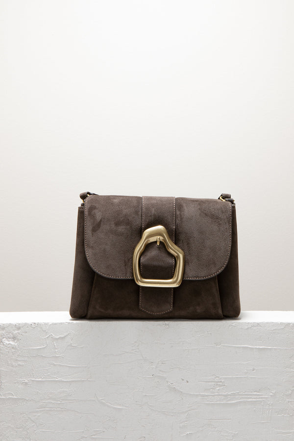 Cala Jade brown suede shoulder bag with gold buckle